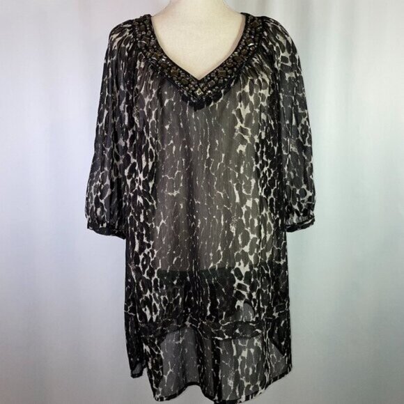 Worthington Embellished Sheer Tunic Dress Blouse Leopard Print V Neck Size 2X - Picture 1 of 10